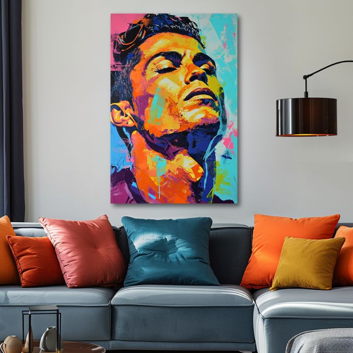 Modern tablou pe pânză cu motivul Cristiano Ronaldo - Energia víťaza în portocaliu-violet nuanțe, atmosferă energică, glorie | Tablou Cristiano Ronaldo - Energia víťaza – produs