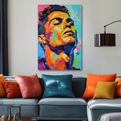 Modern tablou pe pânză cu motivul Cristiano Ronaldo - Energia víťaza în portocaliu-violet nuanțe, atmosferă energică, glorie | Tablou Cristiano Ronaldo - Energia víťaza – produs
