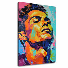 Modern tablou pe pânză cu motivul Cristiano Ronaldo - Energia víťaza în portocaliu-violet nuanțe, atmosferă energică, glorie | Tablou Cristiano Ronaldo - Energia víťaza – principală