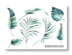 Modern tablou pe pânză cu motivul natură în alb-albastru nuanțe, atmosferă proaspătă, natură și paradis tropical, potrivit pentru birou | Tablou de perete s textom Watercolor exotic plants – principală