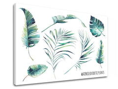 Modern tablou pe pânză cu motivul natură în alb-albastru nuanțe, atmosferă proaspătă, natură și paradis tropical, potrivit pentru birou | Tablou de perete s textom Watercolor exotic plants – produs