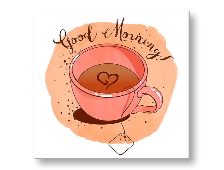Industrial tablou pe pânză cu motivul inimă în maro-roz nuanțe, atmosferă veselă, dragoste, potrivit pentru bucătărie | Tablou de perete s textom Good morning – principală