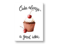 Modern tablou pe pânză cu motivul natură în alb-maro nuanțe, atmosferă veselă, potrivit pentru bucătărie | Tablou de perete s textom Cake always și good idea – principală