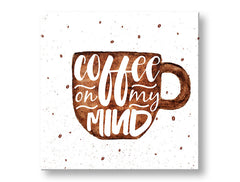 Modern tablou pe pânză cu motivul ceașcă de cafea, motiv pentru copii în alb-maro nuanțe, atmosferă confortabilă | Tablou de perete s textom Coffee on my mind – principală
