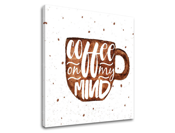 Modern tablou pe pânză cu motivul ceașcă de cafea, motiv pentru copii în alb-maro nuanțe, atmosferă confortabilă | Tablou de perete s textom Coffee on my mind – produs