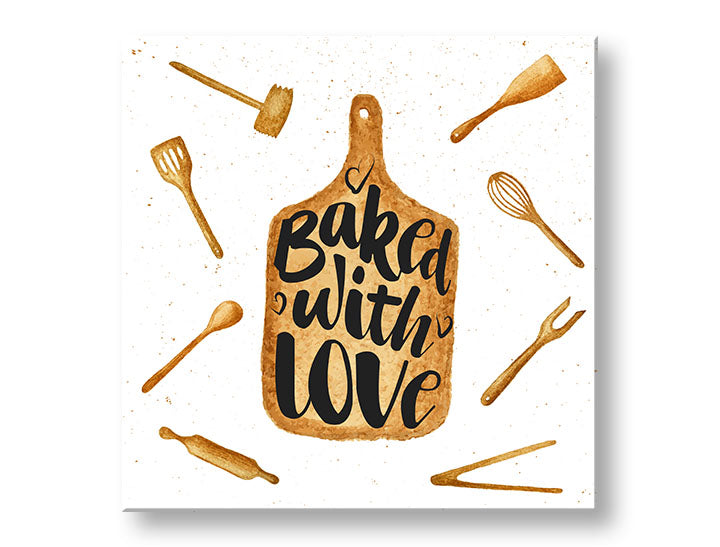 Rustic tablou pe pânză în alb-maro nuanțe, atmosferă confortabilă, dragoste, potrivit pentru bucătărie | Tablou de perete s textom Baked with love – principală