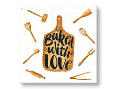 Rustic tablou pe pânză în alb-maro nuanțe, atmosferă confortabilă, dragoste, potrivit pentru bucătărie | Tablou de perete s textom Baked with love – principală