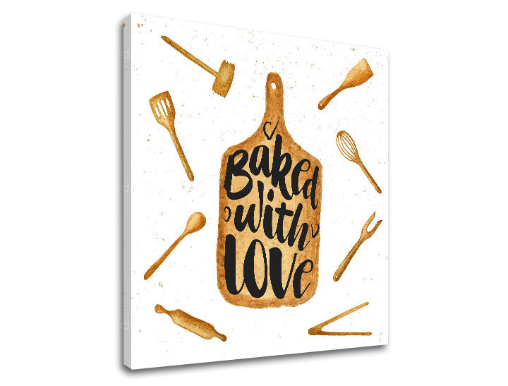 Rustic tablou pe pânză în alb-maro nuanțe, atmosferă confortabilă, dragoste, potrivit pentru bucătărie | Tablou de perete s textom Baked with love – produs