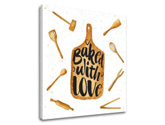 Rustic tablou pe pânză în alb-maro nuanțe, atmosferă confortabilă, dragoste, potrivit pentru bucătărie | Tablou de perete s textom Baked with love – produs