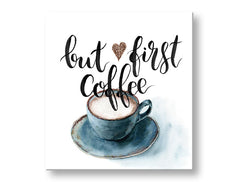 Modern tablou pe pânză cu motivul ceașcă de cafea în alb-maro nuanțe, atmosferă confortabilă | Tablou de perete s textom But first coffee – principală