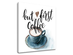 Modern tablou pe pânză cu motivul ceașcă de cafea în alb-maro nuanțe, atmosferă confortabilă | Tablou de perete s textom But first coffee – produs