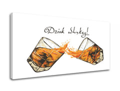 Industrial tablou pe pânză cu motivul peisaj în alb-negru nuanțe, atmosferă veselă, celebrare | Tablou de perete s textom Drink whiskey – produs