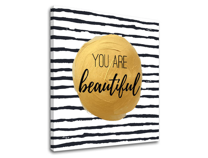 Industrial tablou pe pânză în alb-auriu nuanțe, atmosferă încurajatoare, eleganță, potrivit pentru dormitor | Tablou de perete s textom You are beautiful – produs
