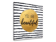 Industrial tablou pe pânză în alb-auriu nuanțe, atmosferă încurajatoare, eleganță, potrivit pentru dormitor | Tablou de perete s textom You are beautiful – produs