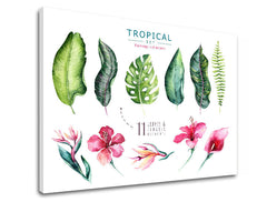 Pop art tablou pe pânză cu motivul flori, natură în alb-roz nuanțe, atmosferă proaspătă, natură și paradis tropical, potrivit pentru sufragerie | Tablou de perete s textom Tropical set flamingo – produs