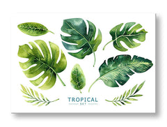 Modern tablou pe pânză cu motivul natură în alb-verde nuanțe, atmosferă proaspătă, natură și paradis tropical, potrivit pentru birou | Tablou de perete s textom Tropical set – principală