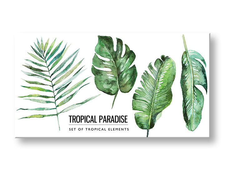 Industrial tablou pe pânză cu motivul natură în alb-verde nuanțe, atmosferă proaspătă, natură, potrivit pentru sufragerie | Tablou de perete s textom Tropical paradise – principală