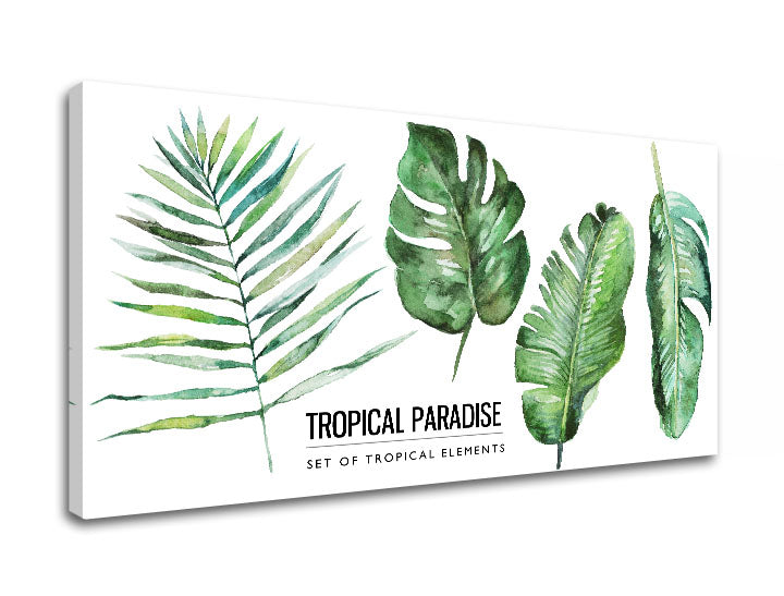 Industrial tablou pe pânză cu motivul natură în alb-verde nuanțe, atmosferă proaspătă, natură, potrivit pentru sufragerie | Tablou de perete s textom Tropical paradise – produs