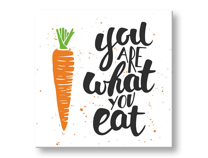 Modern tablou pe pânză cu motivul motiv pentru copii, natură în alb-portocaliu nuanțe, atmosferă jucăușă, potrivit pentru bucătărie | Tablou de perete s textom You are what you eat – principală