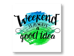 Modern tablou pe pânză cu motivul motiv pentru copii în albastru-verde nuanțe, atmosferă veselă, timp, potrivit pentru bucătărie | Tablou de perete s textom Weekend – principală