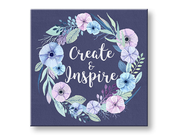 Modern tablou pe pânză cu motivul flori, natură în alb-violet nuanțe, atmosferă liniștită, creativitate și natură, potrivit pentru birou de lucru | Tablou de perete s textom Create and Inspire – principală
