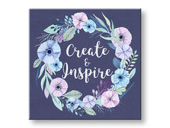Modern tablou pe pânză cu motivul flori, natură în alb-violet nuanțe, atmosferă liniștită, creativitate și natură, potrivit pentru birou de lucru | Tablou de perete s textom Create and Inspire – principală