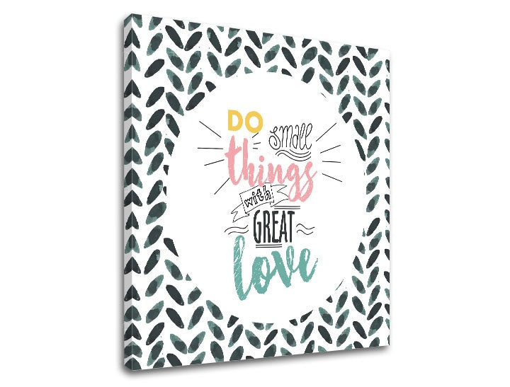 În stil boho tablou cu motivul frunze, motiv pentru copii, natură în albastru-roz nuanțe | Tablou de perete s textom Do small things, pace interioară – previzualizare