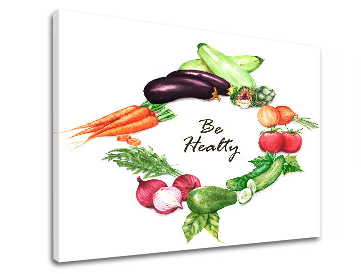 Modern tablou pe pânză cu motivul personalitate celebră în alb-violet nuanțe, atmosferă proaspătă, potrivit pentru bucătărie | Tablou de perete s textom Be healthy – produs