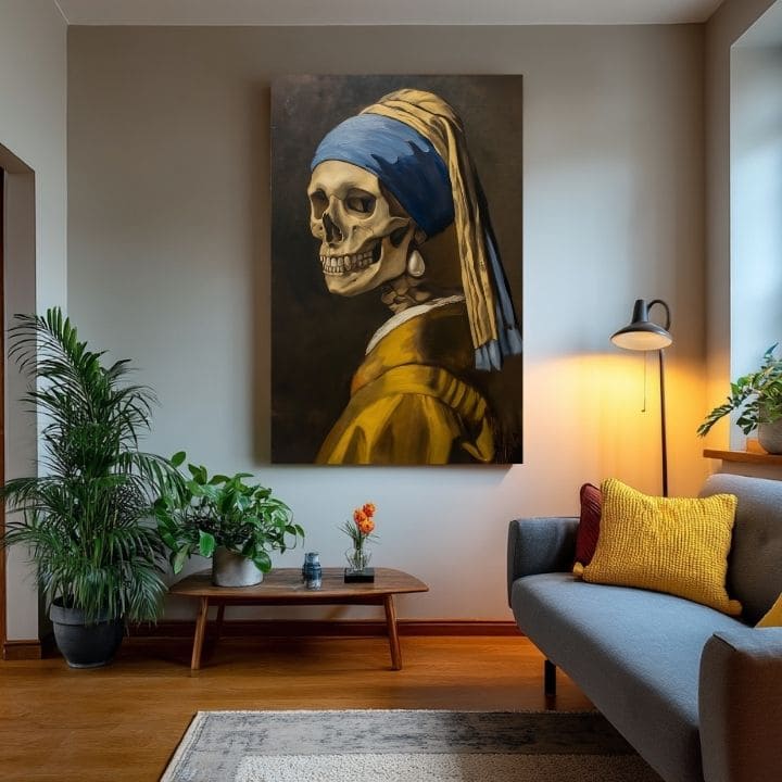 Modern tablou pe pânză cu motivul Dark Muse, craniu în maro-galben nuanțe | Tablou Dark Muse, decorațiune de perete – produs, vedere 2