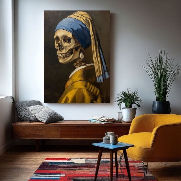 Modern tablou pe pânză cu motivul Dark Muse, craniu în maro-galben nuanțe | Tablou Dark Muse, decorațiune de perete – produs
