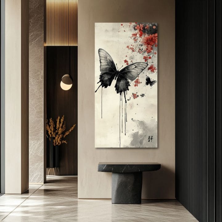 Modern tablou pe pânză cu motivul Fluturelui - Japonský Minimalizmus, fluture, flori în crem-negru nuanțe, atmosferă liniștită | Tablou Fluturelui - Japonský Minimalizmus – produs, vedere 2