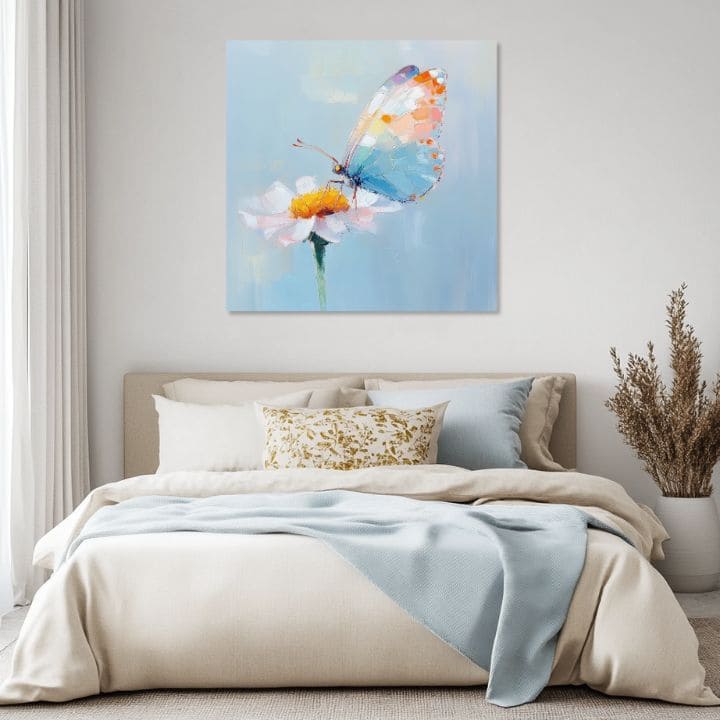 Modern tablou pe pânză cu motivul Fluturelui - Pastelový deň, fluture, margaretă, floare în albastru-alb nuanțe, atmosferă liniștită | Tablou Fluturelui - Pastelový deň – produs, vedere 2