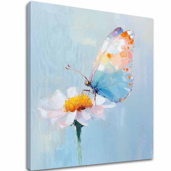 Modern tablou pe pânză cu motivul Fluturelui - Pastelový deň, fluture, margaretă, floare în albastru-alb nuanțe, atmosferă liniștită | Tablou Fluturelui - Pastelový deň – principală