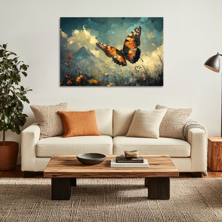 Modern tablou pe pânză cu motivul Fluturelui - Let nad oblakmi, fluture, munte, nori, cer în albastru-portocaliu nuanțe, atmosferă liniștită | Tablou Fluturelui - Let nad oblakmi – produs, vedere 3