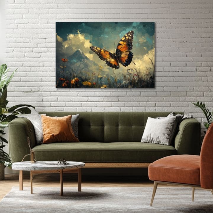 Modern tablou pe pânză cu motivul Fluturelui - Let nad oblakmi, fluture, munte, nori, cer în albastru-portocaliu nuanțe, atmosferă liniștită | Tablou Fluturelui - Let nad oblakmi – produs, vedere 2