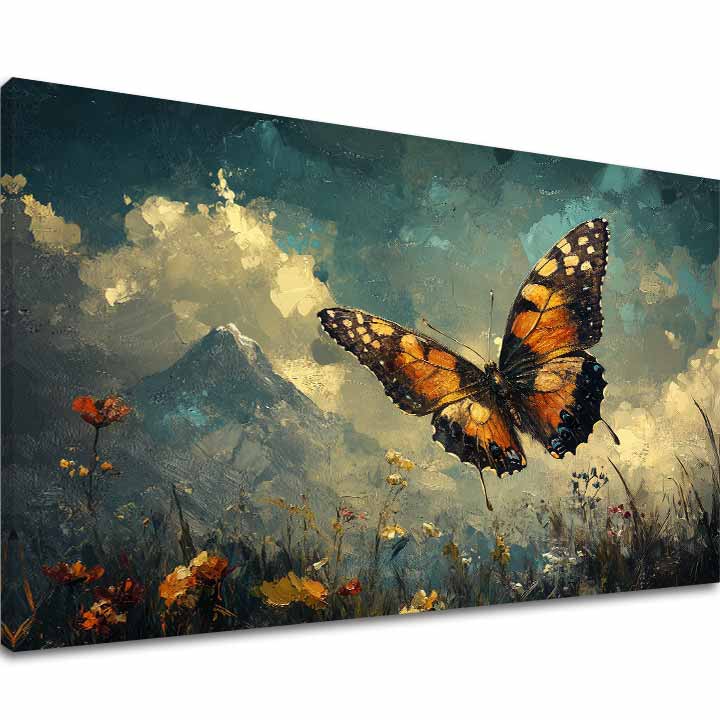 Modern tablou pe pânză cu motivul Fluturelui - Let nad oblakmi, fluture, munte, nori, cer în albastru-portocaliu nuanțe, atmosferă liniștită | Tablou Fluturelui - Let nad oblakmi – principală