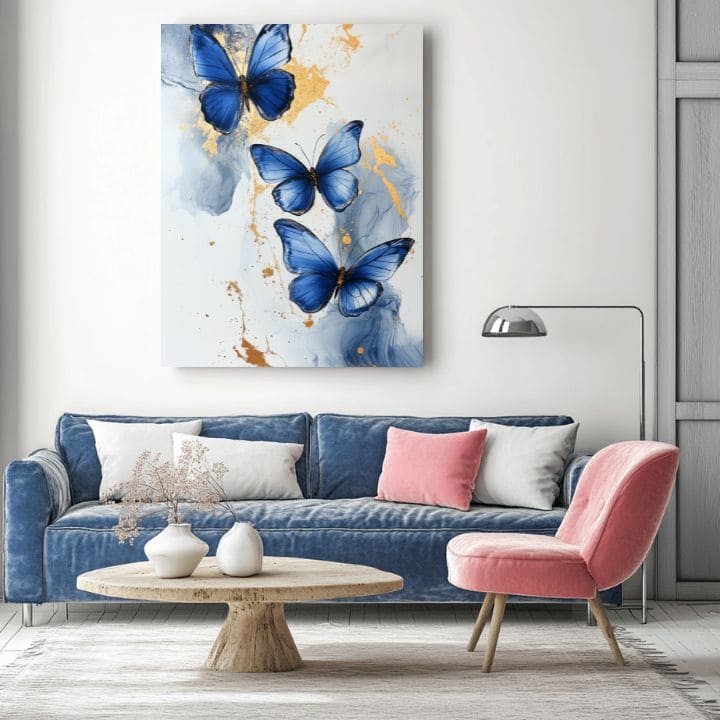 Modern tablou pe pânză cu motivul Fluturi - Mramorová eleganță, fluturi în alb-albastru nuanțe, atmosferă liniștită, natură și eleganță | Tablou Fluturi - Mramorová eleganță – produs, vedere 3