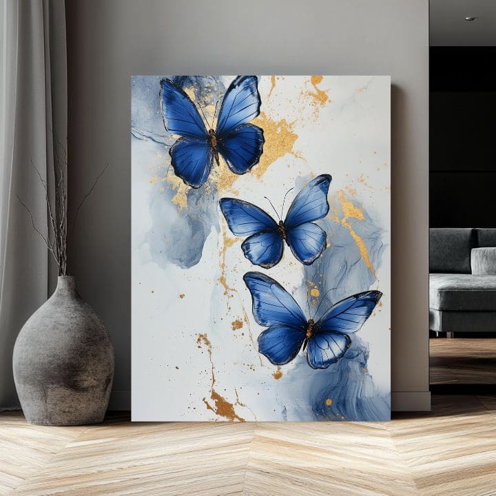 Modern tablou pe pânză cu motivul Fluturi - Mramorová eleganță, fluturi în alb-albastru nuanțe, atmosferă liniștită, natură și eleganță | Tablou Fluturi - Mramorová eleganță – produs, vedere 2