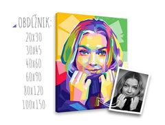 Pop art tablou pe pânză cu motivul femeie, față, portret, motiv pentru copii, oameni în violet-albastru nuanțe, atmosferă vibrantă, frumusețe, potrivit pentru sufragerie – principală