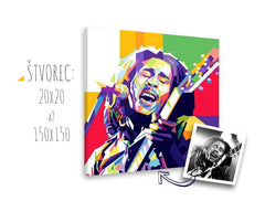 Pop art tablou pe pânză cu motivul chitară, microfon, oameni în alb-violet nuanțe, atmosferă energică, rock and roll, potrivit pentru sufragerie – principală