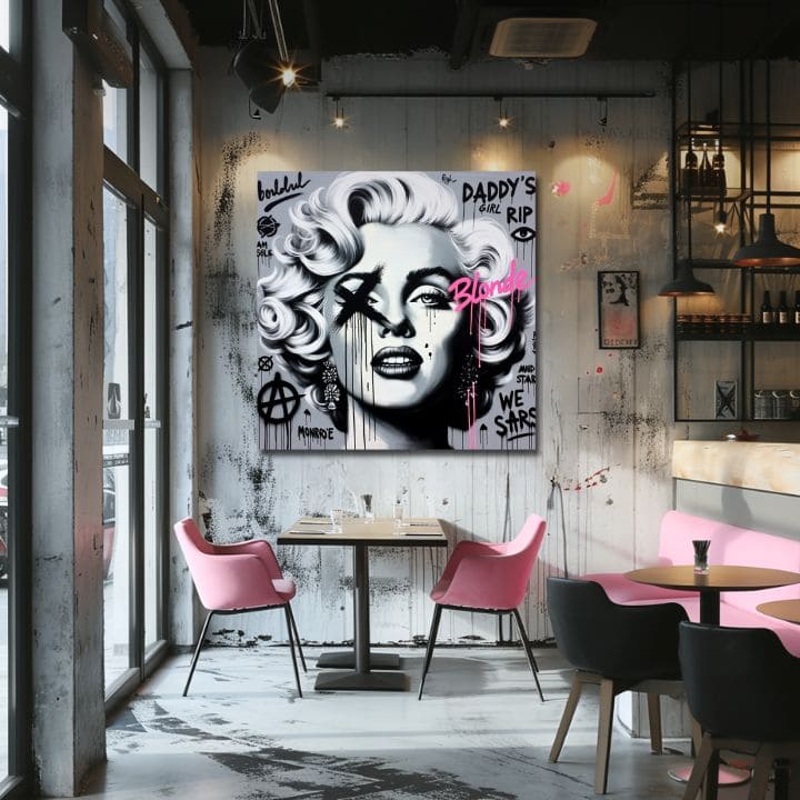 Modern tablou pe pânză cu motivul Hollywoodska Legenda Marilyn Monroe în roz nuanțe, atmosferă îndrăzneață, glorie, potrivit pentru sufragerie | Tablou pe pânză - Hollywoodska Legenda Marilyn Monroe