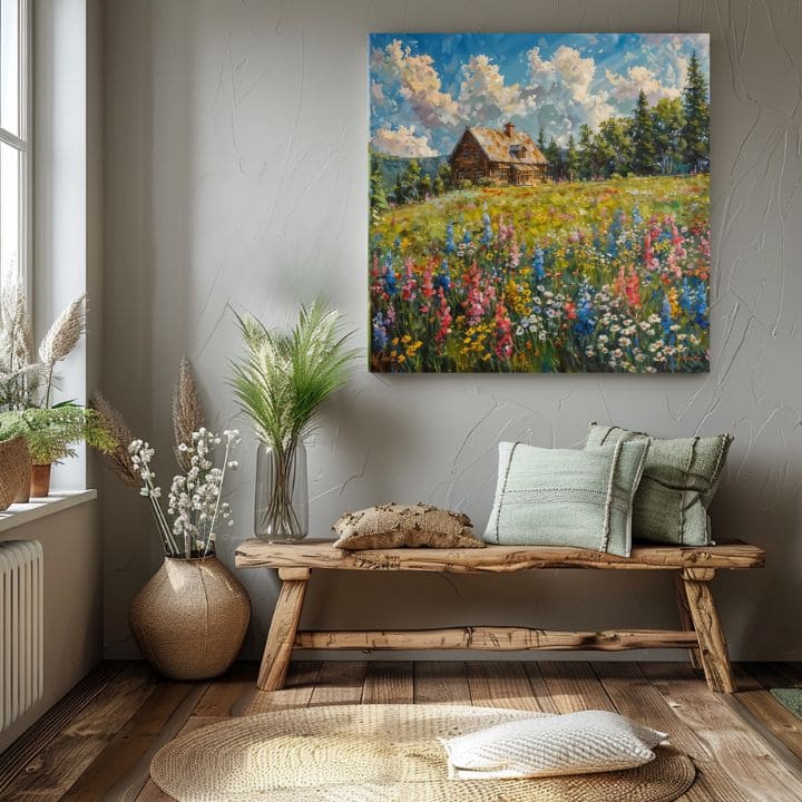 Modern tablou pe pânză cu motivul Vară u babky, pădure, munți, cer, motiv pentru copii în alb-albastru nuanțe, atmosferă liniștită, natură și singurătate – produs, vedere 2
