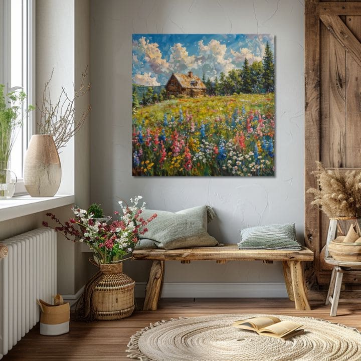 Modern tablou pe pânză cu motivul Vară u babky, pădure, munți, cer, motiv pentru copii în alb-albastru nuanțe, atmosferă liniștită, natură și singurătate – produs