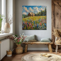 Modern tablou pe pânză cu motivul Vară u babky, pădure, munți, cer, motiv pentru copii în alb-albastru nuanțe, atmosferă liniștită, natură și singurătate – produs