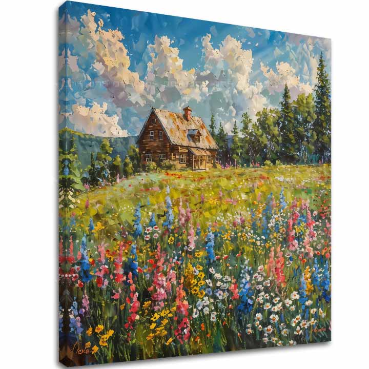 Modern tablou pe pânză cu motivul Vară u babky, pădure, munți, cer, motiv pentru copii în alb-albastru nuanțe, atmosferă liniștită, natură și singurătate – principală