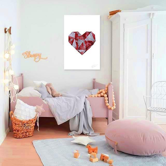 Industrial tablou pe pânză cu motivul Love under Construction, inimă, motiv pentru copii în alb-roșu nuanțe agățat în interiorul cameră de copii – interior