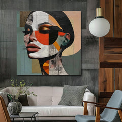 Pop art tablou pe pânză cu motivul femeie, față, oameni în bej-albastru nuanțe, atmosferă stilată, frumusețe, potrivit pentru birou | Elegant tablou femei Armonie tvarov – produs, vedere 2