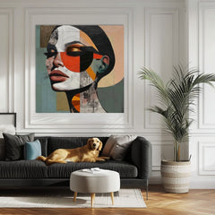 Pop art tablou pe pânză cu motivul femeie, față, oameni în bej-albastru nuanțe, atmosferă stilată, frumusețe, potrivit pentru birou | Elegant tablou femei Armonie tvarov – produs