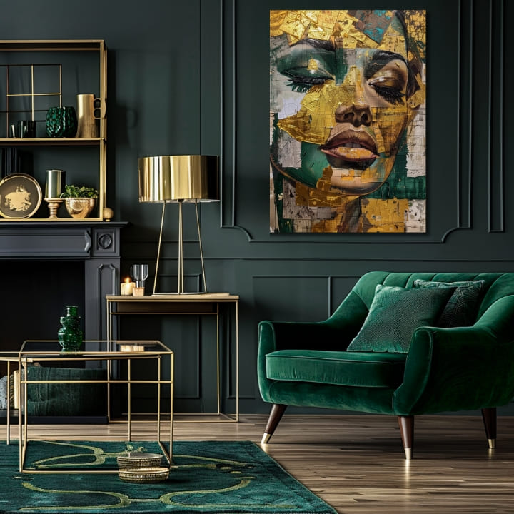 Industrial tablou pe pânză cu motivul femeie, față, oameni în bej-verde nuanțe, atmosferă sofisticată, frumusețe, potrivit pentru sufragerie | Elegant tablou femei Smaragdový sen – produs, vedere 2
