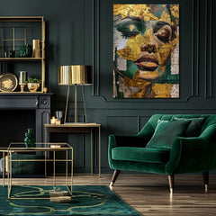Industrial tablou pe pânză cu motivul femeie, față, oameni în bej-verde nuanțe, atmosferă sofisticată, frumusețe, potrivit pentru sufragerie | Elegant tablou femei Smaragdový sen – produs, vedere 2
